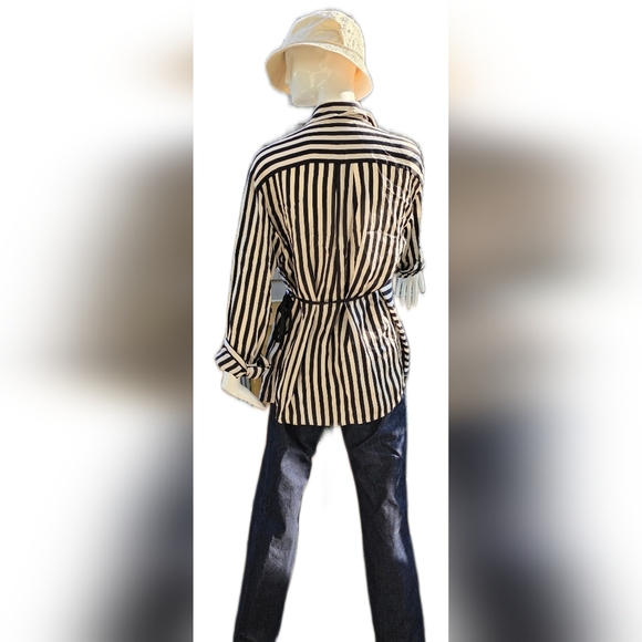 Massimo Dutti Satiny Black and Cream Striped Lounge Jacket/shirt Lg - Picture 3 of 15